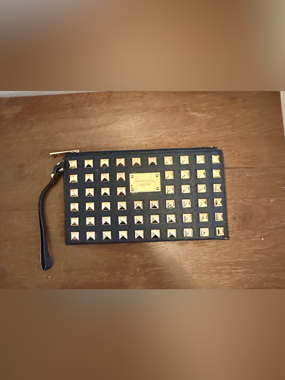 Michael Kors Navy Studded Zip Wristlet with Gold Hardware